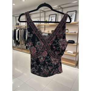 Tahari Paisley Surplice Top Size 10P Petite Black Red White Sleeveless V-Neck